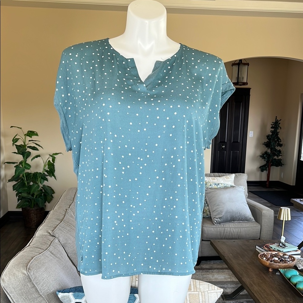 Papermoon Teal Blue Polka Dot Notch-Neck Blouse